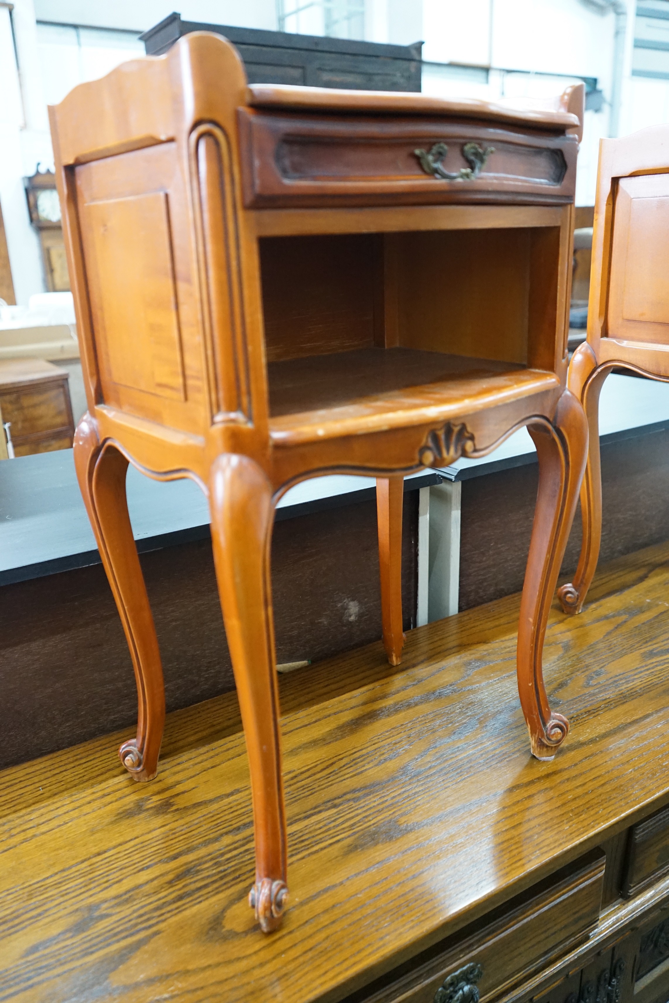 A pair of Louis XV style beech and cherry bedside tables, width 39cm, depth 30cm, height 69cm